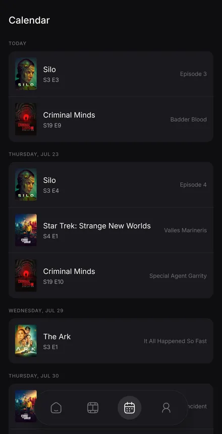 Sledi calendar screen listing upcoming episodes grouped by day, such as Silo and Star Trek: Strange New Worlds.