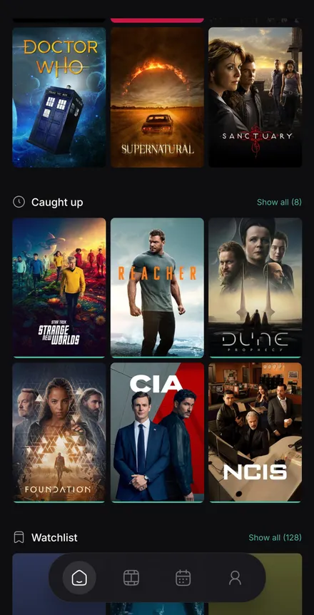 Sledi home screen showing shows sorted into Caught up and Planned watching rows.