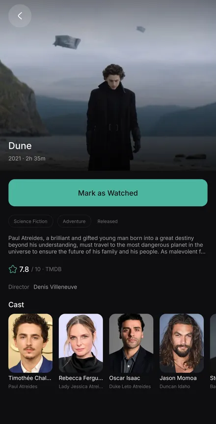 Sledi show detail screen for the film Dune with a green Mark as Watched button.